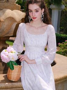 Đầm Viên lá sen Dây kéo Dải chun Nếp gấp Phần Ngực Hoa Thanh lịch - trắng - Xem 5