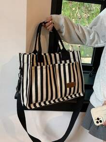 Túi tote họa tiết kẻ sọc Double Handle Letter Patch Decor Canvas - Nhiều màu - Xem 2