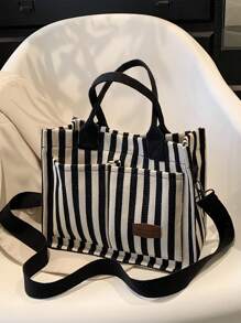Túi tote họa tiết kẻ sọc Double Handle Letter Patch Decor Canvas - Nhiều màu - Xem 3