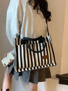 Túi tote họa tiết kẻ sọc Double Handle Letter Patch Decor Canvas - Nhiều màu - Xem 4
