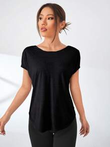 Easithlete 背部剪裁蝙蝠袖運動T恤，健身上衣 - 黑色 - 查看 2