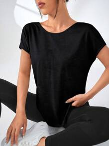 Easithlete 背部剪裁蝙蝠袖運動T恤，健身上衣 - 黑色 - 查看 3