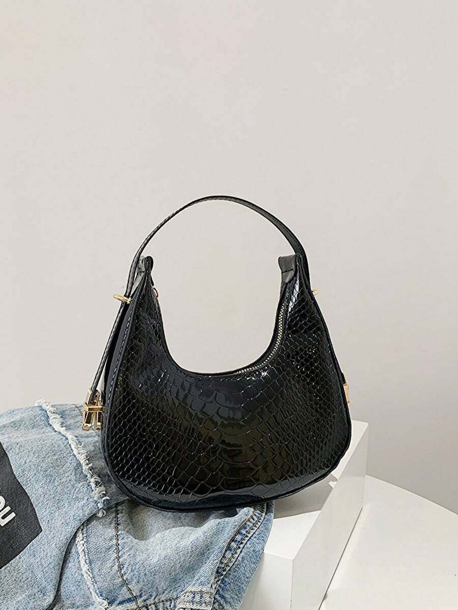 Mini Hobo Bag Crocodile Embossed Elegant Style - Black - View 1