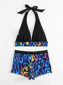 Graphic Print Halter Bikini Set - Multicolor - View 4