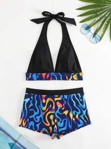 Graphic Print Halter Bikini Set - Multicolor - View 5