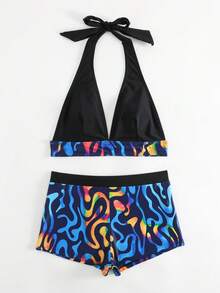 Graphic Print Halter Bikini Set - Multicolor - View 7