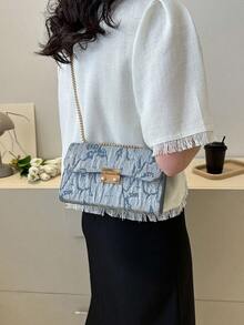 Bolsa cuadrada pequeño con textura con cadena con tira - Azul - Ver 2