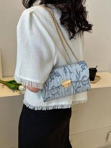 Bolsa cuadrada pequeño con textura con cadena con tira - Azul - Ver 3