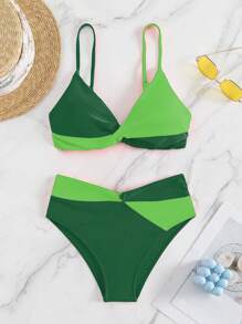 SHEIN Swim Summer Beach Two Tone Twist Front Bikini Set