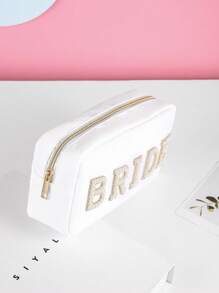 新娘字母貼布化妝包,鑽石版權字母貼布mrs化妝包,防水便攜拉鍊小手拿包旅行組織袋,女性女孩化妝刷收納 - 白色 - 查看 3