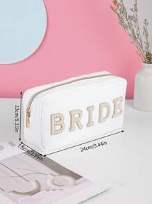 新娘字母貼布化妝包,鑽石版權字母貼布mrs化妝包,防水便攜拉鍊小手拿包旅行組織袋,女性女孩化妝刷收納 - 白色 - 查看 4