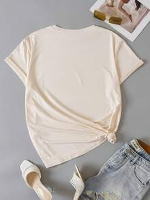 SHEIN EZwear Plus Floral And Letter Graphic Tee - Beige - View 2