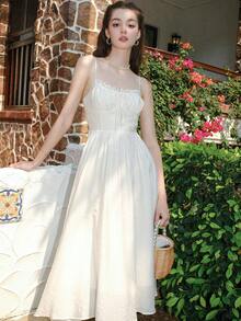 褶邊前打結吊帶連衣裙 - 白色 - 查看 5