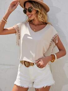 SHEIN LUNE Áo thun nữ mép màu trơn Giải trí - Màu be - Xem 1
