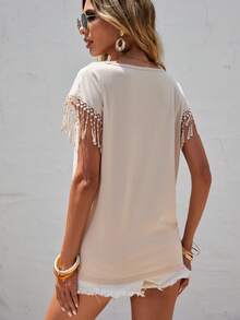 SHEIN LUNE Áo thun nữ mép màu trơn Giải trí - Màu be - Xem 2