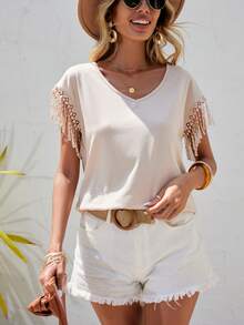 SHEIN LUNE Áo thun nữ mép màu trơn Giải trí - Màu be - Xem 4