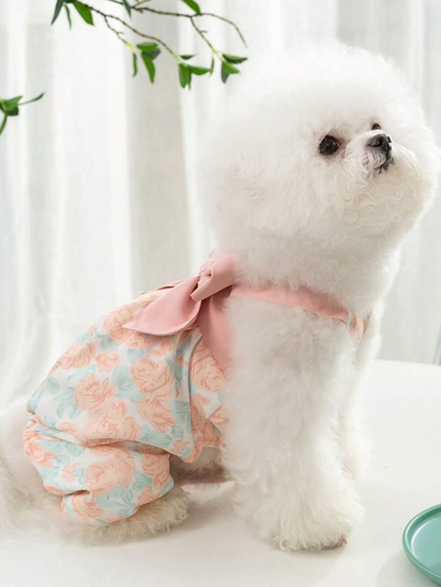 1入組花朵印花寵物連體褲適用於狗狗和貓適合夏天 - 紅色 - 查看 1