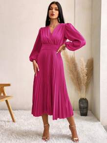 SHEIN Privé Đầm Xếp li Trọn gói màu trơn Thanh lịch - Màu Hồng Tươi - Xem 5