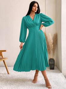 GENKIRA Surplice Neck Lantern Sleeve Pleated Hem Dress - Green - View 7