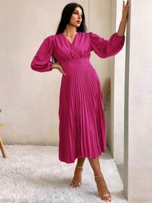 SHEIN Privé Đầm Xếp li Trọn gói màu trơn Thanh lịch - Màu Hồng Tươi - Xem 6