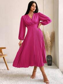 SHEIN Privé Đầm Xếp li Trọn gói màu trơn Thanh lịch - Màu Hồng Tươi - Xem 7