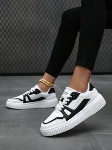 Women Two Tone Lace-up Front Skate Shoes, Sporty Outdoor Sneakers - Black and White - View 1