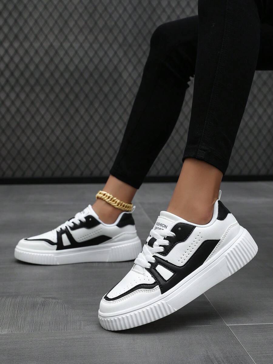 Women Two Tone Lace-up Front Skate Shoes, Sporty Outdoor Sneakers - Black and White - View 1