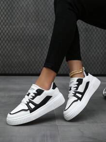 Women Two Tone Lace-up Front Skate Shoes, Sporty Outdoor Sneakers - Black and White - View 2