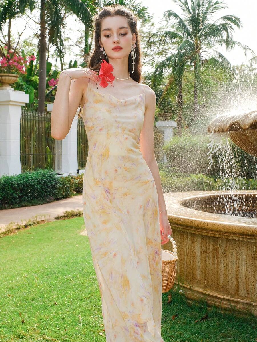Đầm Dây kéo Hoa Cà vạt nhuộm Boho - Màu vàng - Xem 1
