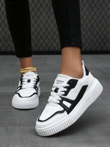 Women Two Tone Lace-up Front Skate Shoes, Sporty Outdoor Sneakers - Black and White - View 3