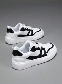 Women Two Tone Lace-up Front Skate Shoes, Sporty Outdoor Sneakers - Black and White - View 4