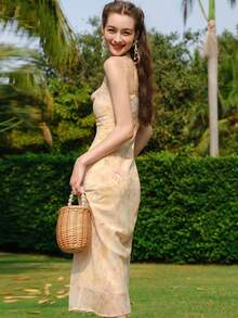 Đầm Dây kéo Hoa Cà vạt nhuộm Boho - Màu vàng - Xem 4