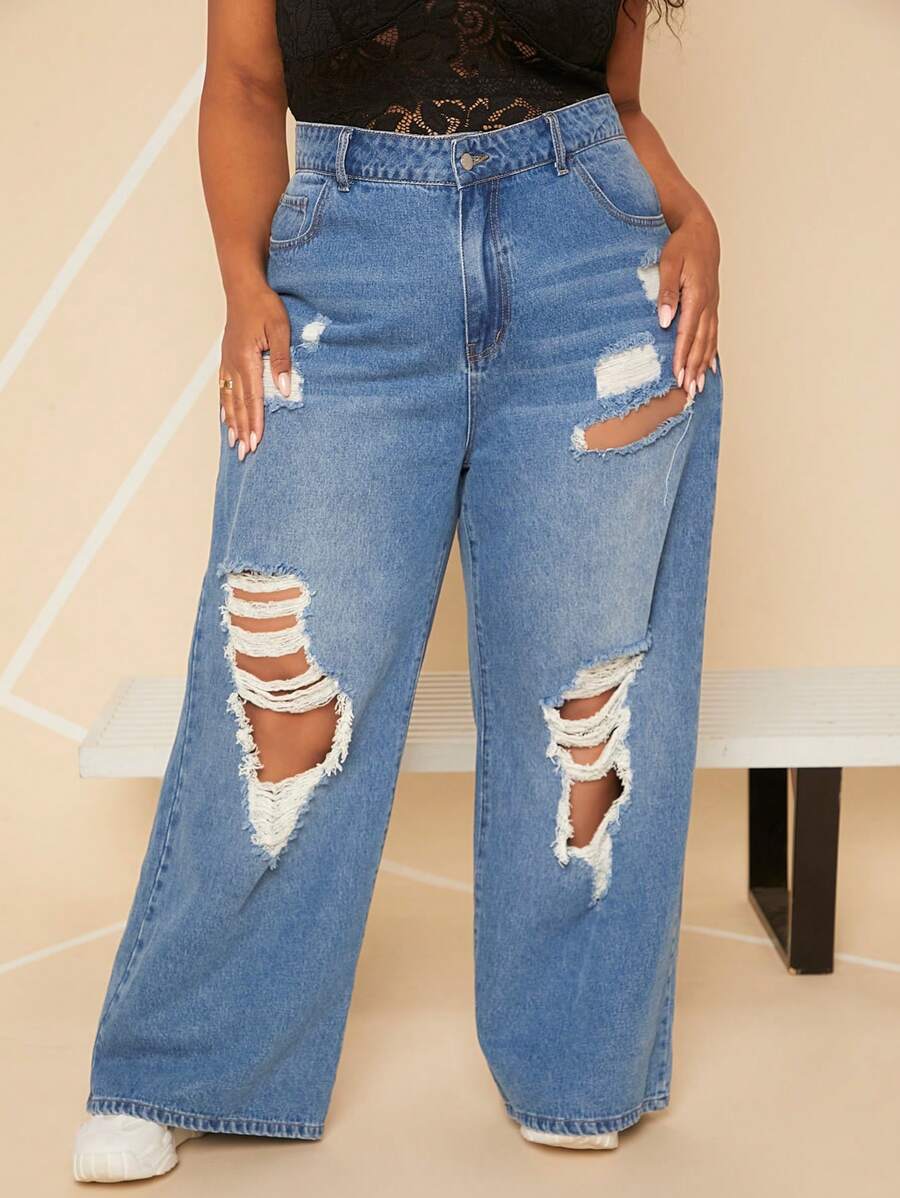 SHEIN CURVE+ Plus Ripped Wide Leg Jeans - Medium Wash - View 1