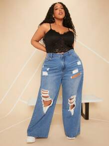 SHEIN CURVE+ Plus Ripped Wide Leg Jeans - Medium Wash - View 3