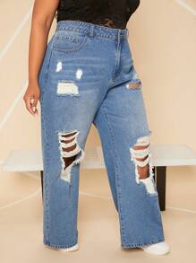SHEIN CURVE+ Plus Ripped Wide Leg Jeans - Medium Wash - View 5