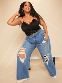 SHEIN CURVE+ Plus Ripped Wide Leg Jeans - Medium Wash - View 6