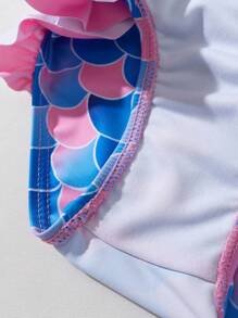 Baby Fish Scales Print Zipper Front Ruffle Trim One Piece Swimsuit - Multicolor - View 4