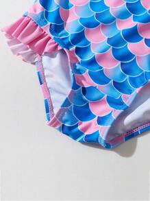 Baby Fish Scales Print Zipper Front Ruffle Trim One Piece Swimsuit - Multicolor - View 5
