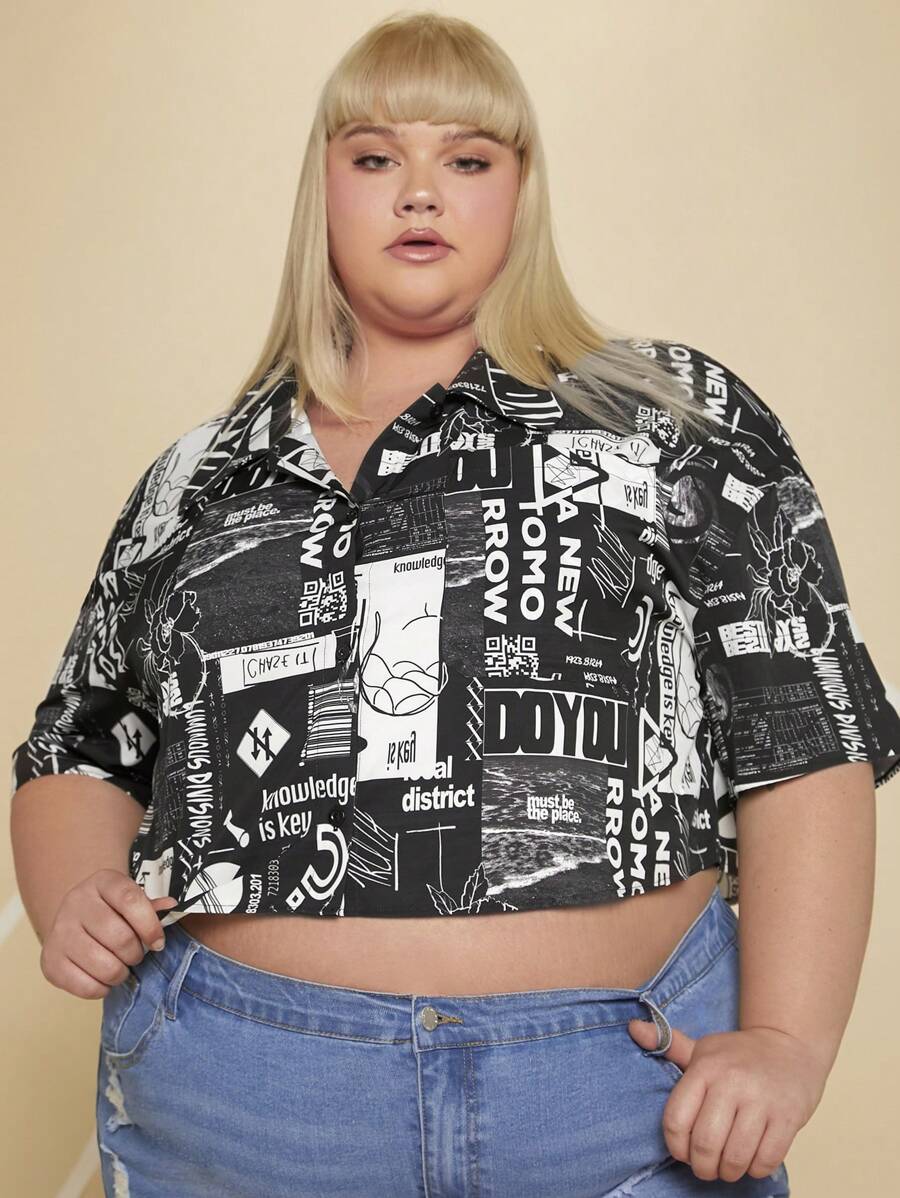 SHEIN CURVE+ Áo sơ mi Plus Size Nút phía trước Lá thư Đồ họa Giải trí - Đen và trắng - Xem 1
