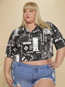 SHEIN CURVE+ Áo sơ mi Plus Size Nút phía trước Lá thư Đồ họa Giải trí - Đen và trắng - Xem 5