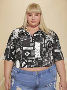 SHEIN CURVE+ Áo sơ mi Plus Size Nút phía trước Lá thư Đồ họa Giải trí - Đen và trắng - Xem 6