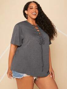 SHEIN CURVE+ Plus Lace Up Front Tee - Dark Grey - View 3