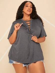 SHEIN CURVE+ Plus Lace Up Front Tee - Dark Grey - View 5
