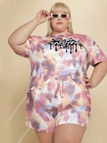 SHEIN CURVE+ 大碼紮染字母圖案T恤和短褲 - 彩色 - 查看 6