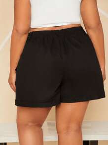 SHEIN CURVE+ Plus Solid Flap Pocket Side Cargo Shorts - Black - View 3