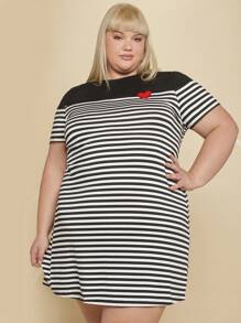 SHEIN CURVE+ Plus Striped Print Heart Embroidery Tee Dress - Black and White - View 5