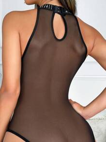 Rhinestone Studded Halter Teddy Bodysuit - Black - View 4