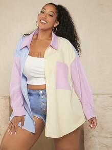 SHEIN CURVE+ Plus Striped Print Colourblock Drop Shoulder Shirt - Multicolor - View 2