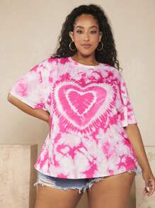 SHEIN CURVE+ Plus Tie Dye Heart Print Drop Shoulder Tee - Pink - View 1