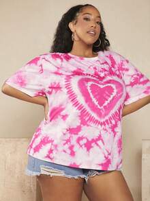 SHEIN CURVE+ Plus Tie Dye Heart Print Drop Shoulder Tee - Pink - View 4